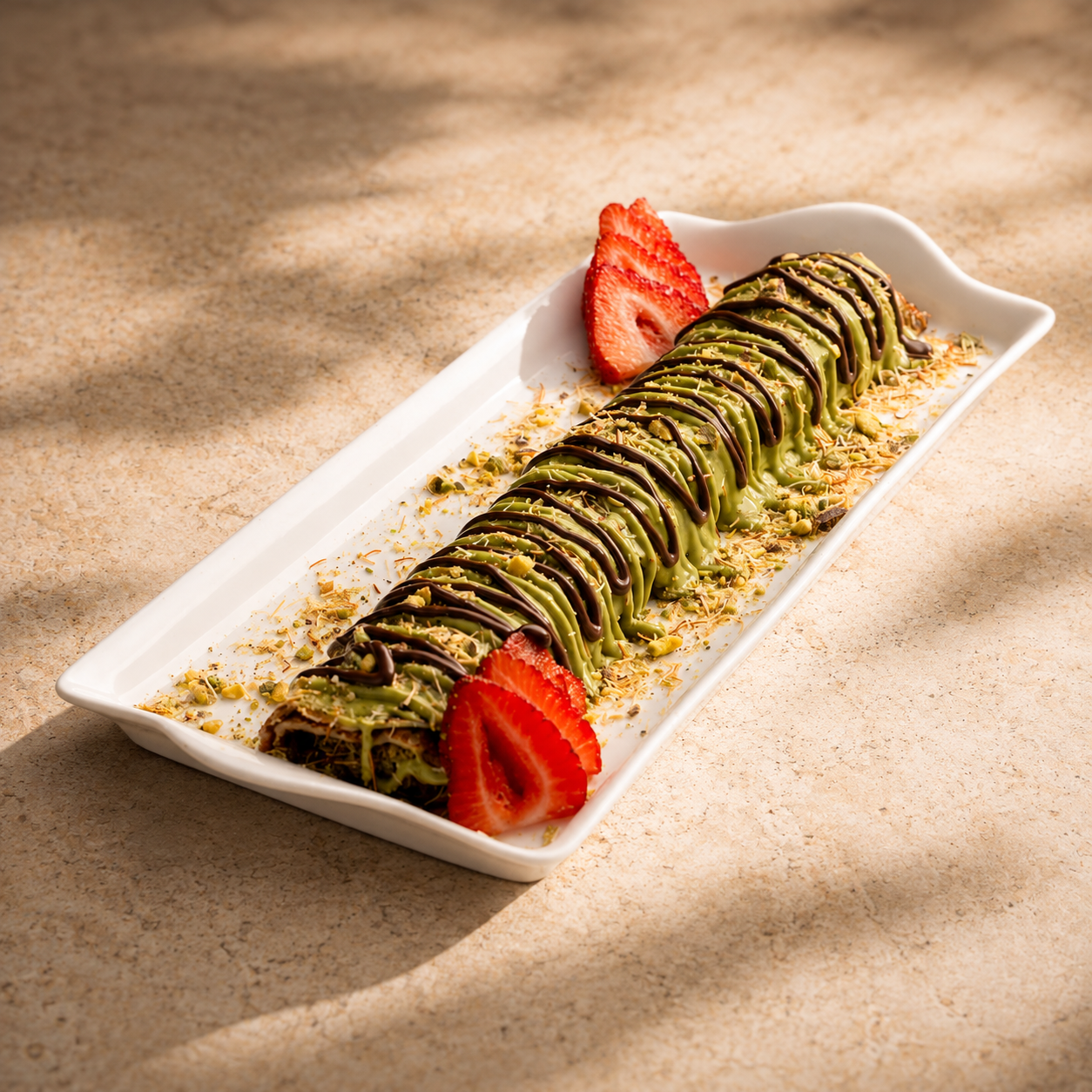 Pistachio cream crepe drizzled with chocolate and topped with strawberries