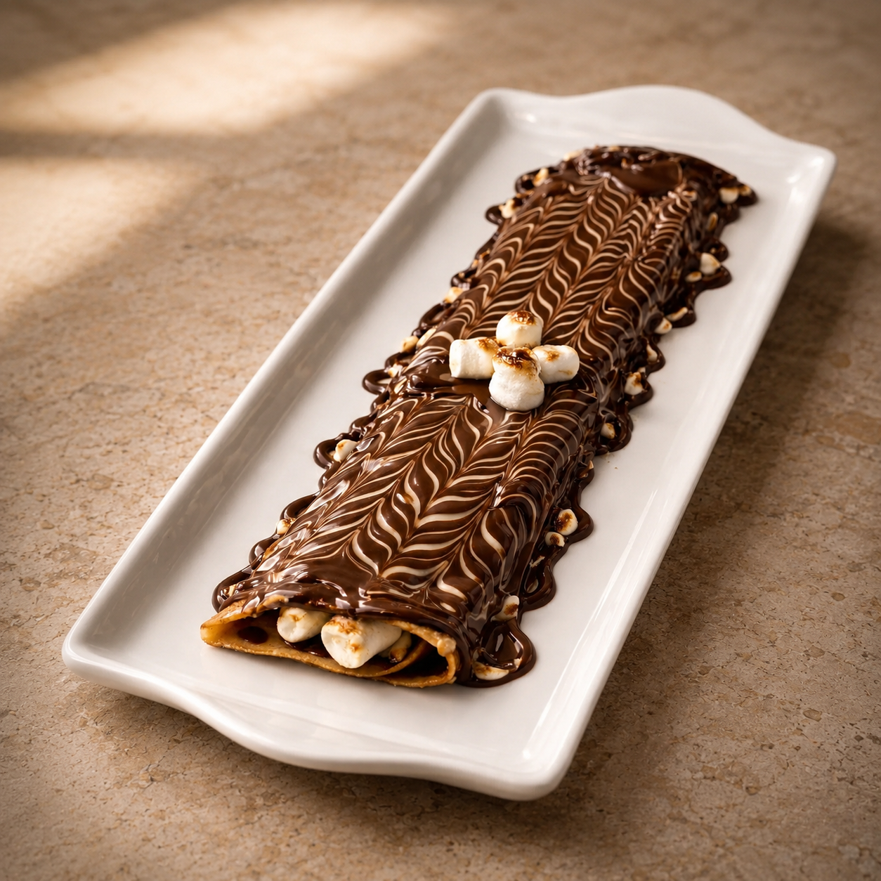 S'mores crepe covered in swirled chocolate with toasted marshmallows