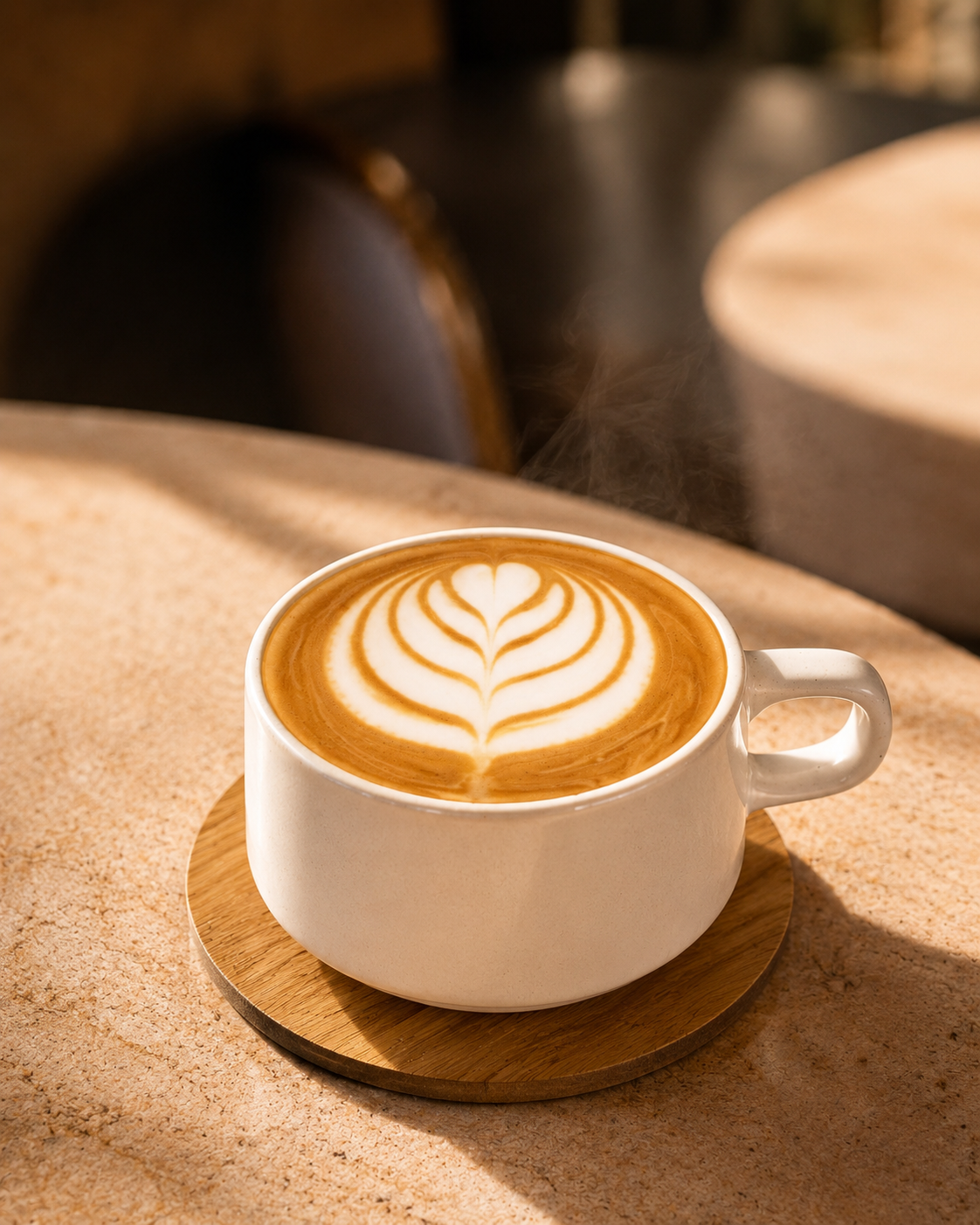 Latte with rosetta latte art in a ceramic cup on a wooden coaster