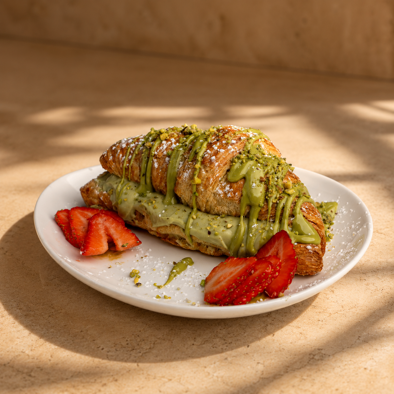 Pistachio cream croissant dusted with sugar and served with fresh strawberries