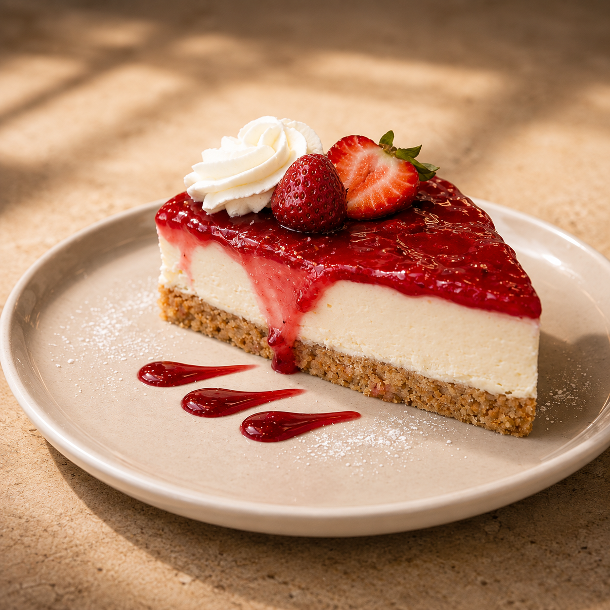 Strawberry cheesecake slice with whipped cream and fresh strawberries