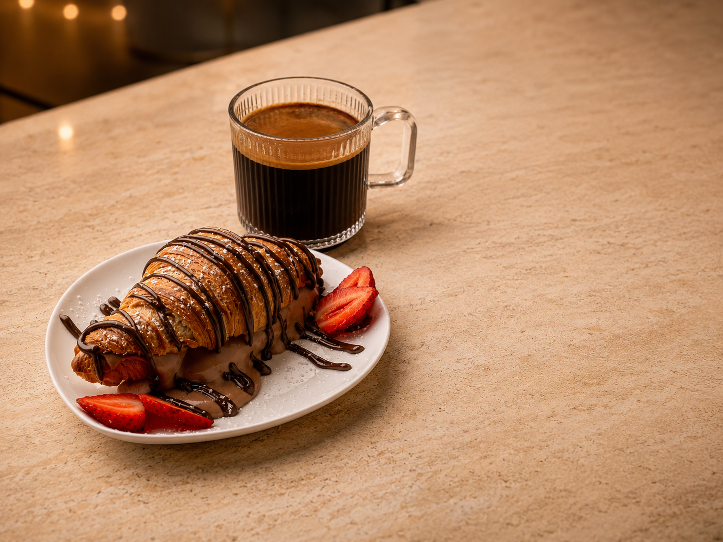 Freshly made chocolate-drizzled croissant with strawberries and a glass of espresso at Taj – A Sweet Cafe