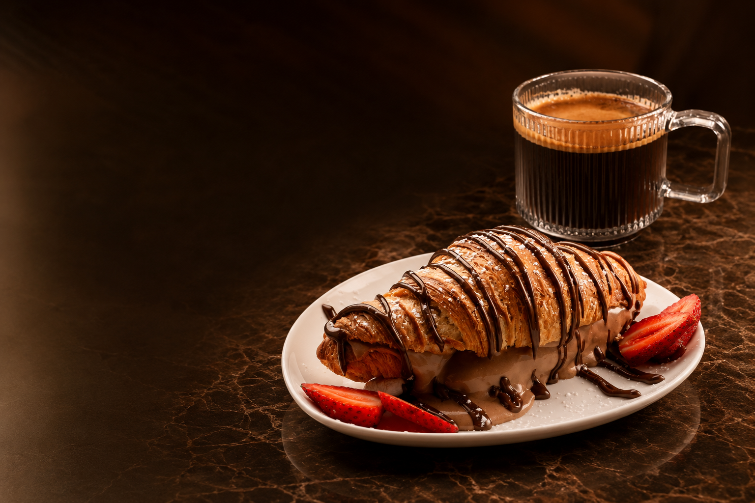 Chocolate-drizzled croissant with strawberries served alongside fresh espresso at Taj – A Sweet Cafe