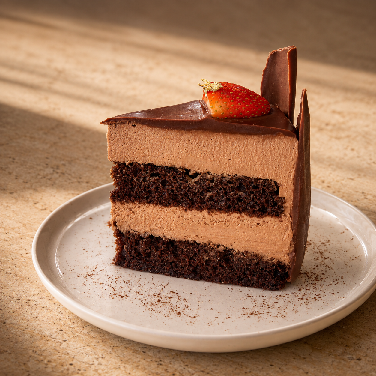 Chocolate mousse layer cake slice topped with a strawberry and chocolate shards